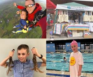 A grid of four fundraising pictures. Top left is a selfie of a woman doing a skydive. Top right is a stall run by a school at a local fair to sell items. Bottom left is a boy who grew his hair out and then cut it off. Bottom right is a girl who did a swim-a-thon for Place2Be.