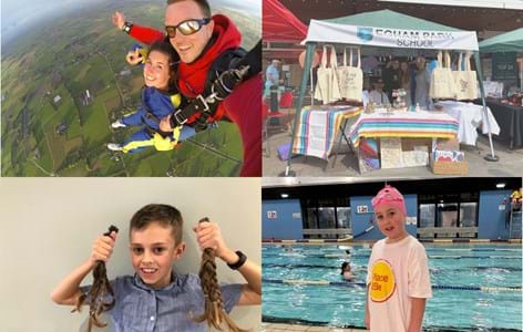 A grid of four fundraising pictures. Top left is a selfie of a woman doing a skydive. Top right is a stall run by a school at a local fair to sell items. Bottom left is a boy who grew his hair out and then cut it off. Bottom right is a girl who did a swim-a-thon for Place2Be.