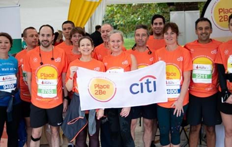 Group shot at Royal Parks Half Marathon with corporate supporters of Place2Be (Citi)