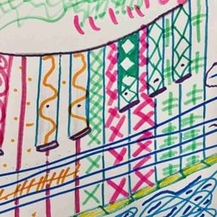 A child's drawing of piano keys in different colours